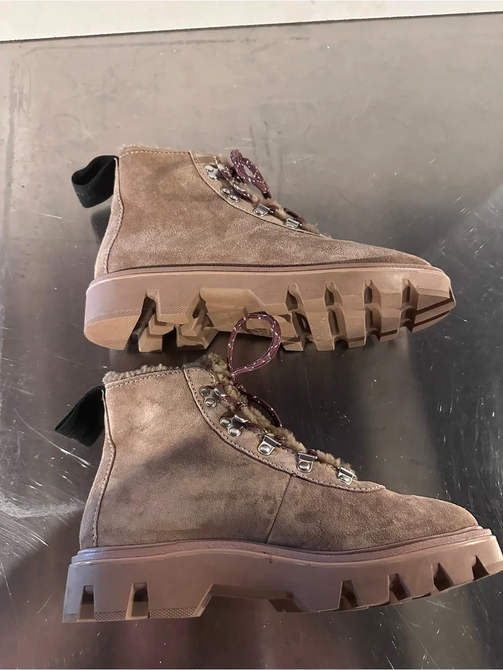 Women's Tan Suede Lace-Up Fur-Trim Hiking Boots